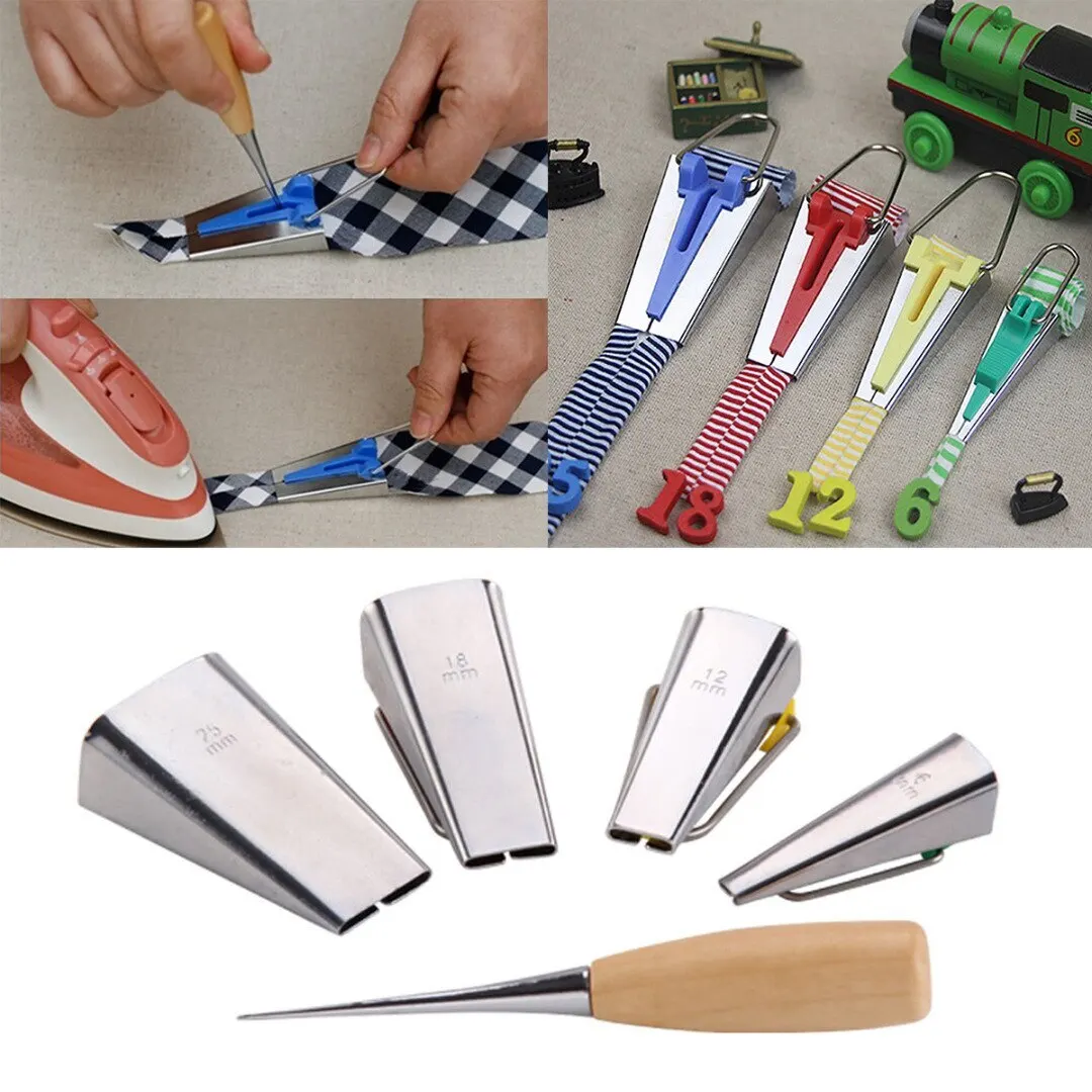 4pcs 6/12/18/25mm Fabric Bias Tape Maker Binding Tool Quilting Sewing + Awl