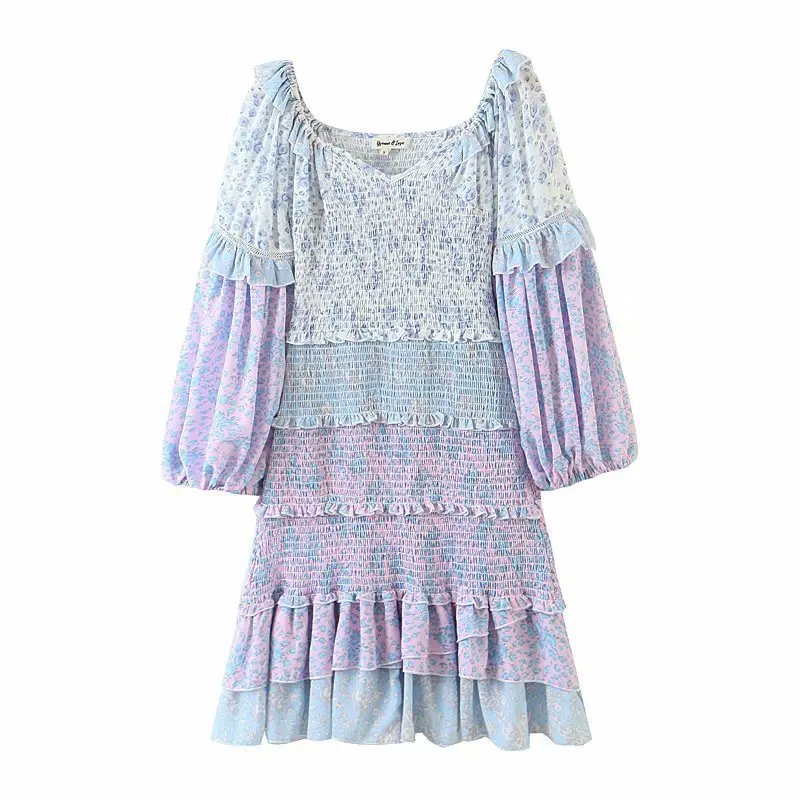 Vacation Style Slimming Blogger Fairy Skirt Elastic Fungus Patchwork Puff Sleeve Dress