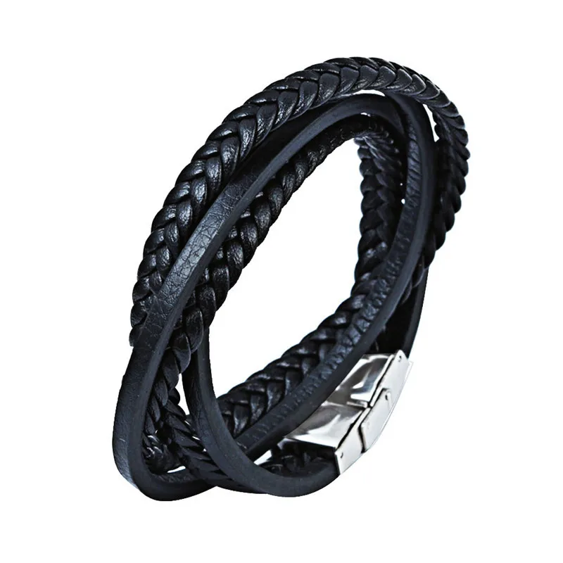 

ZG 2019 fashion stainless steel genuine leather bracelet men vintage braided jewelry for men
