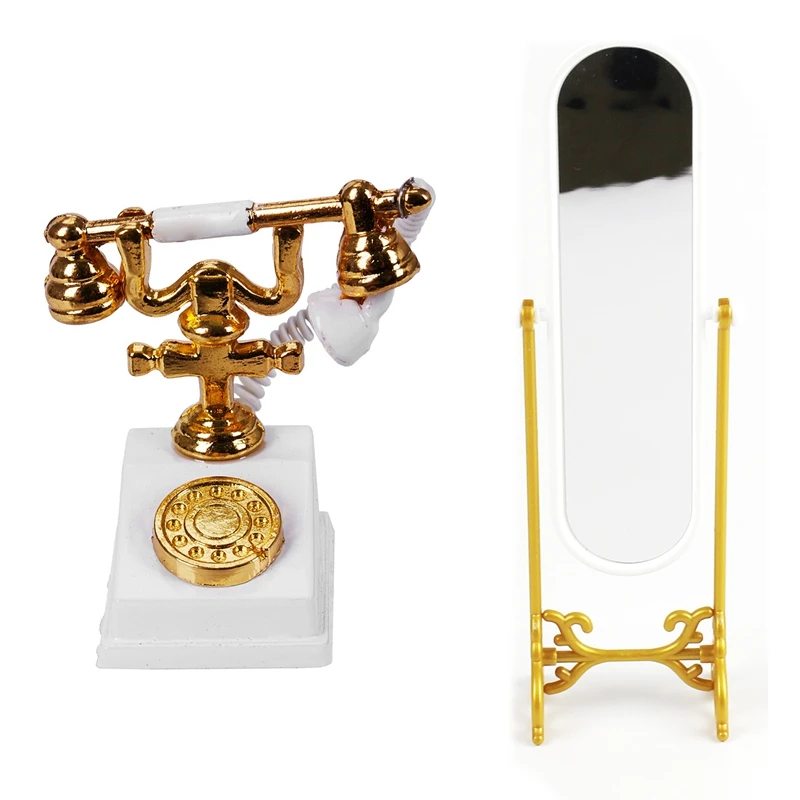 AMS-2 Pcs Dollhouse Miniature Decoration:1 Pcs 1/12 Retro Phone Vintage Telephone & 1 Pcs Lovely Furniture Dressing Mirror for D