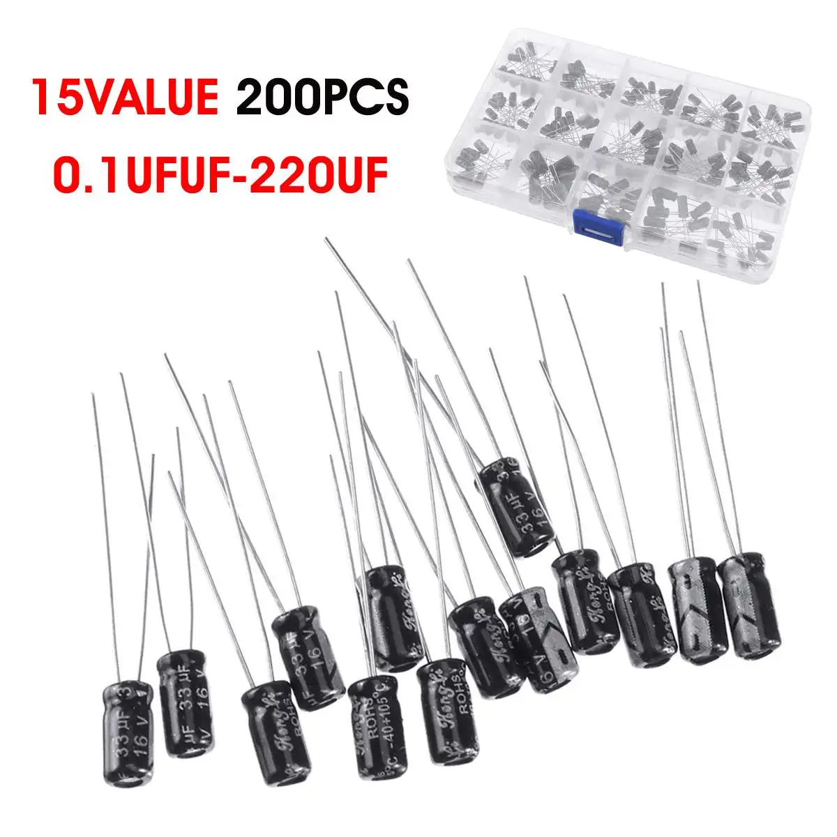 TMOEC 200Pcs 15value 0.1 220uF Aluminium Electrolytic Capacitors