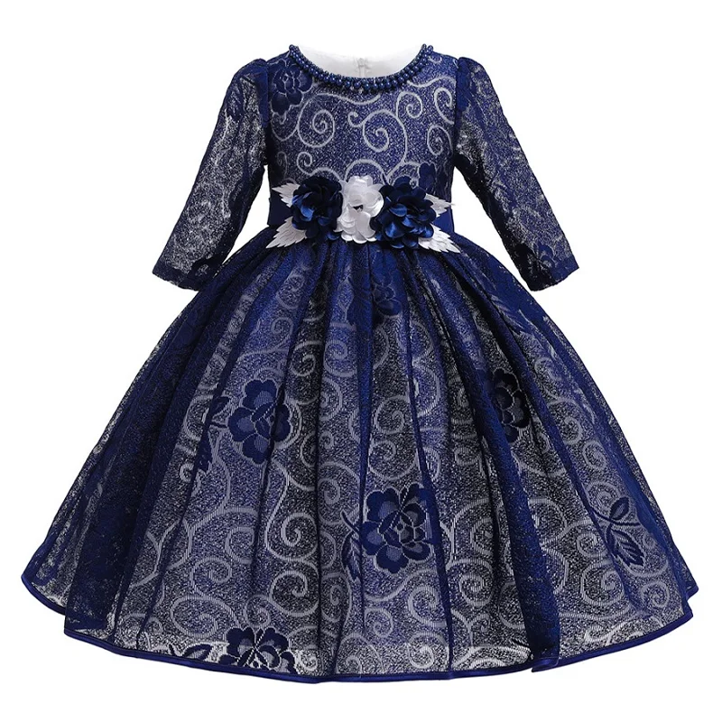 

Grls Dress Sleeves Princess Dress European and American Children's Round Neck Beaded Dress Tulle Jacquard Dress Party 3-10Years