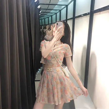 

Retro Wind Cheongsam Improved Plate Buttons Top Little Skirt Two-Piece Suit Female Spring/Summer 2020 H0236