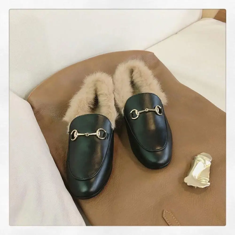 

ZHENZHOU Brand Quality Design Loafers Women's Shoes Stylish Rabbit Fur edging Black Brown Low Heel Cacual Style Women Pumps