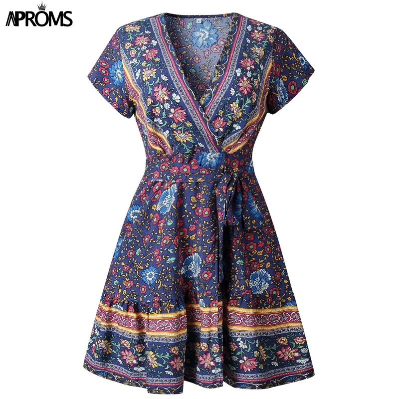 Aproms богемное женское мини-платье с цветочным принтом, элегантное платье с рюшами и v-образным вырезом, женское летнее пляжное платье - Цвет: 101188 Navy