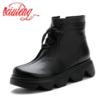 

Xiuteng New 2020 winter leather wedge heel thick sole women's single-sided side zipper waterproof platform increased Ankle boot