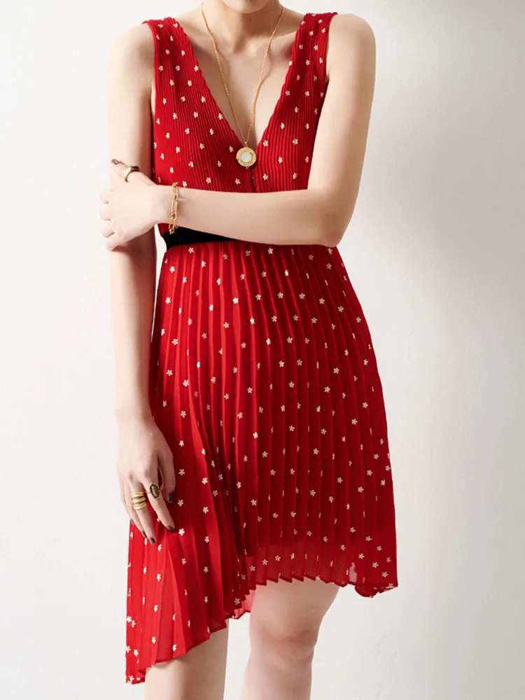 

New Asymmetric Dot Print Red Dress Gentle Woman V Neck Pleated Mini Dress