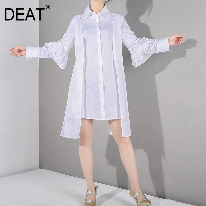 

[DEAT] 2020 New Spring Summer Lapel Long Sleeve White Losoe Ruffles Split Joint Irregular Shirt Dress Women Fashion Tide WF3260