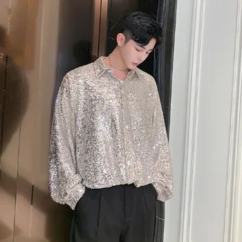 

Homens manga longa solta casual lantejoulas brilhando camisa masculina do vintage moda vestido de festa camisas noite clube danç