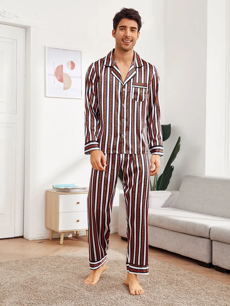 mens cotton pajama pants New Ice Silk Pajamas Men's Summer Long Sleeves And Trousers Cross Border Silk Home Clothes Large Suit Men's red silk pajamas