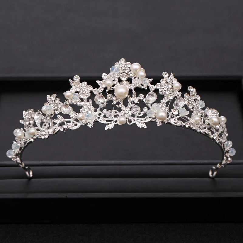 Trendy Bridal Wedding Crown Hair Accessories Luxury Silver Pearl Rhinestone Crystal Crown Princess Birthday Crown Bridal Crown