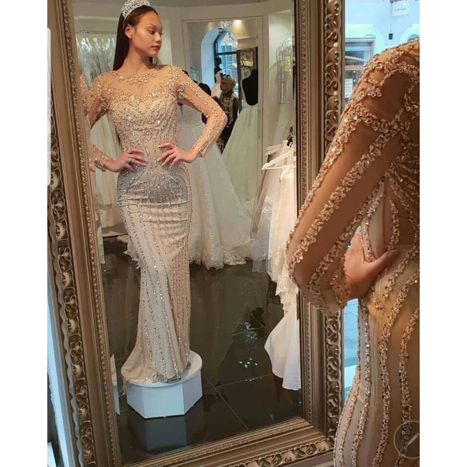 

Real Photo Gold Long Sleeve Evening Dress 2019 Mermaid Crystals Beading Pageant Dresses Robe de Soiree