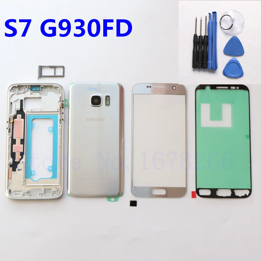 SAMSUNG Galaxy S7 G930 G930F G930FD Задняя стеклянная крышка батареи задняя дверь полная задняя часть корпуса Крышка передняя стеклянная линза S7 средняя рамка
