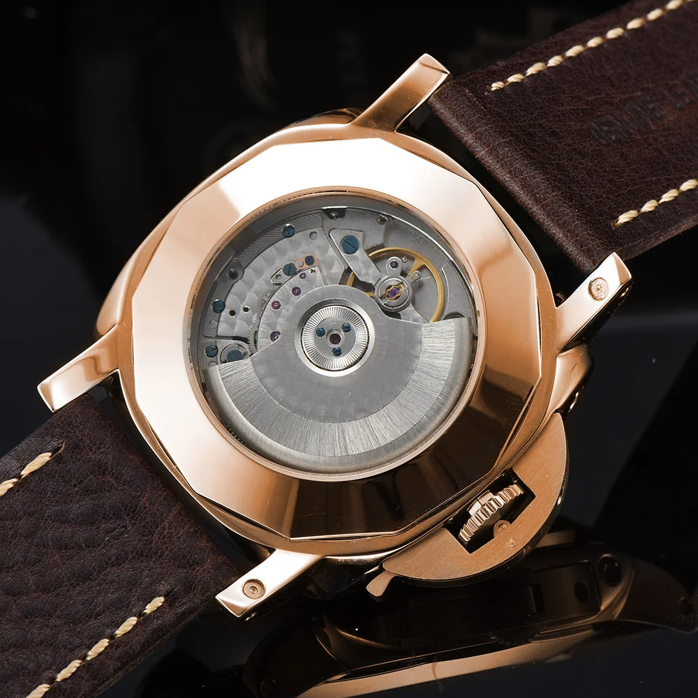 Новые часы в стиле ретро, 47 мм, механический автоматический механизм, светящиеся стрелки, усовершенствованный кожаный ремешок, чехол из нержавеющей стали