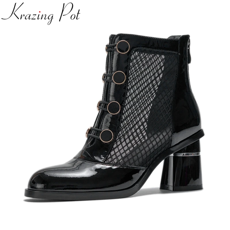 

krazing pot 2020 patent leather big size summer boots mesh round toe high heels button women winter keep warm ankle boots L6f1