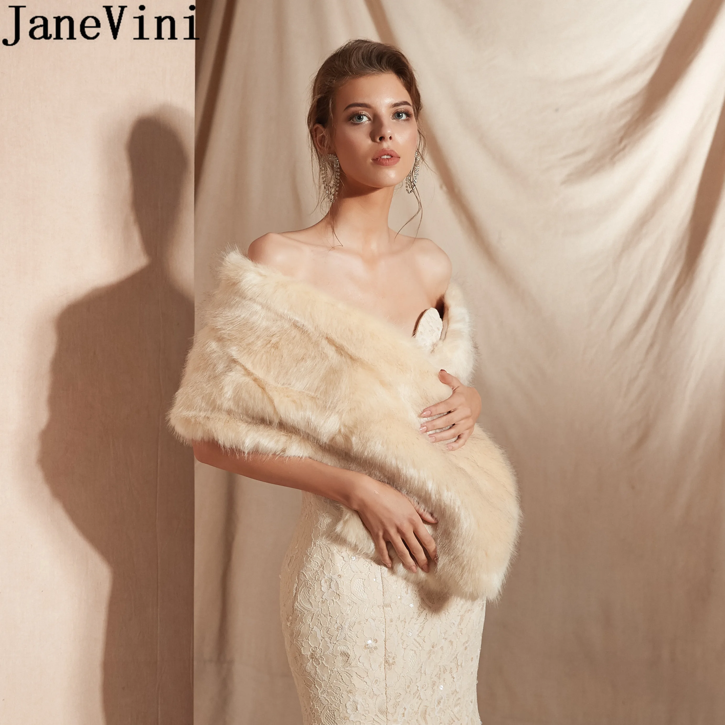 JaneVini, светильник цвета шампанского из искусственного меха, свадебная шаль, Женская куртка, зимняя Свадебная шуба, воротник из искусственного меха, вечерние Болеро