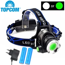 TOPCOM LED Headlamp USB Rechargeable 10W XML T6 Green or White Light Head Torch Flashlight Lantern For Hunting