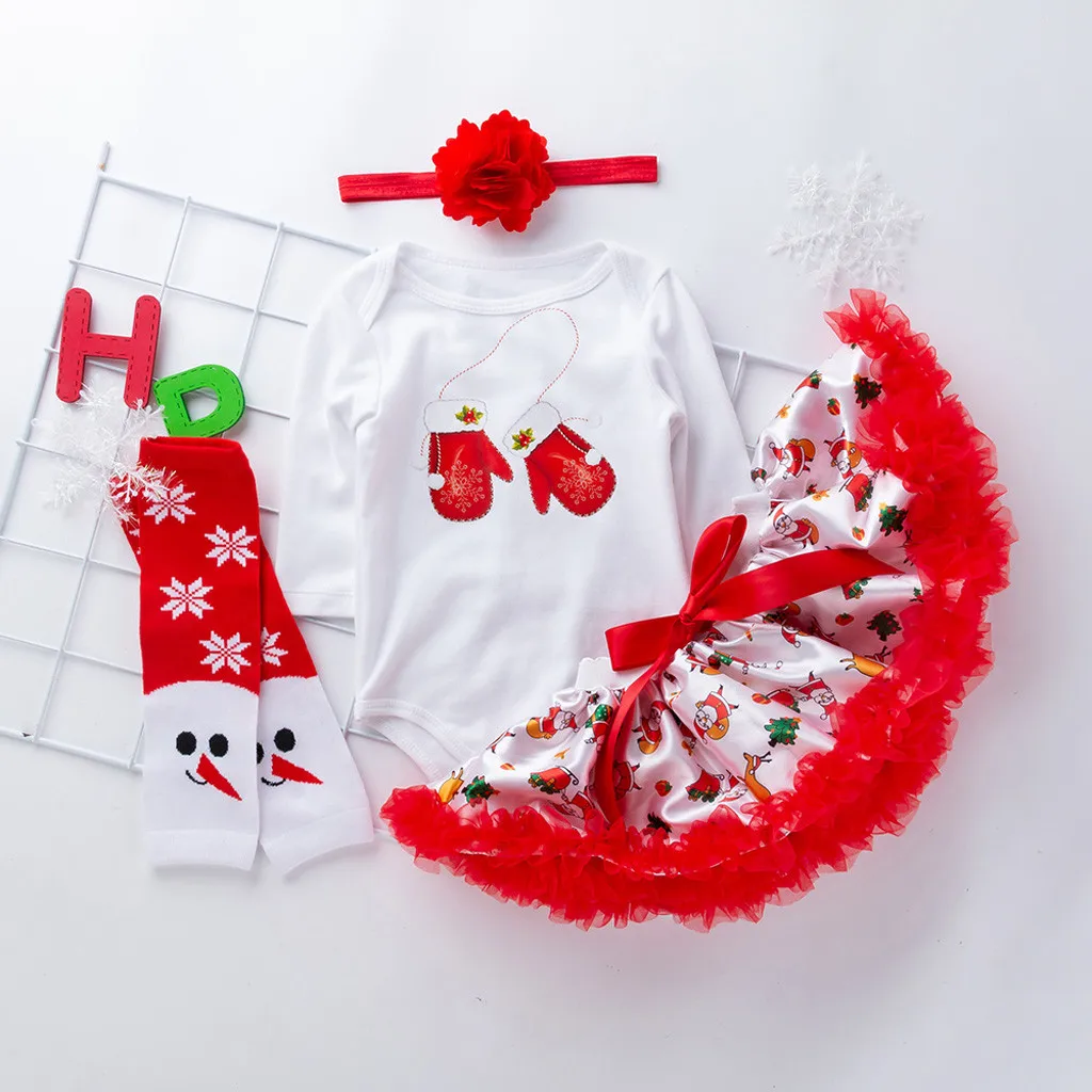 Christmas Baby Girl Clothes Set Winter 4pcs Santa Printing Romper Skirt Outfits Soft Cotton | Детская одежда и обувь