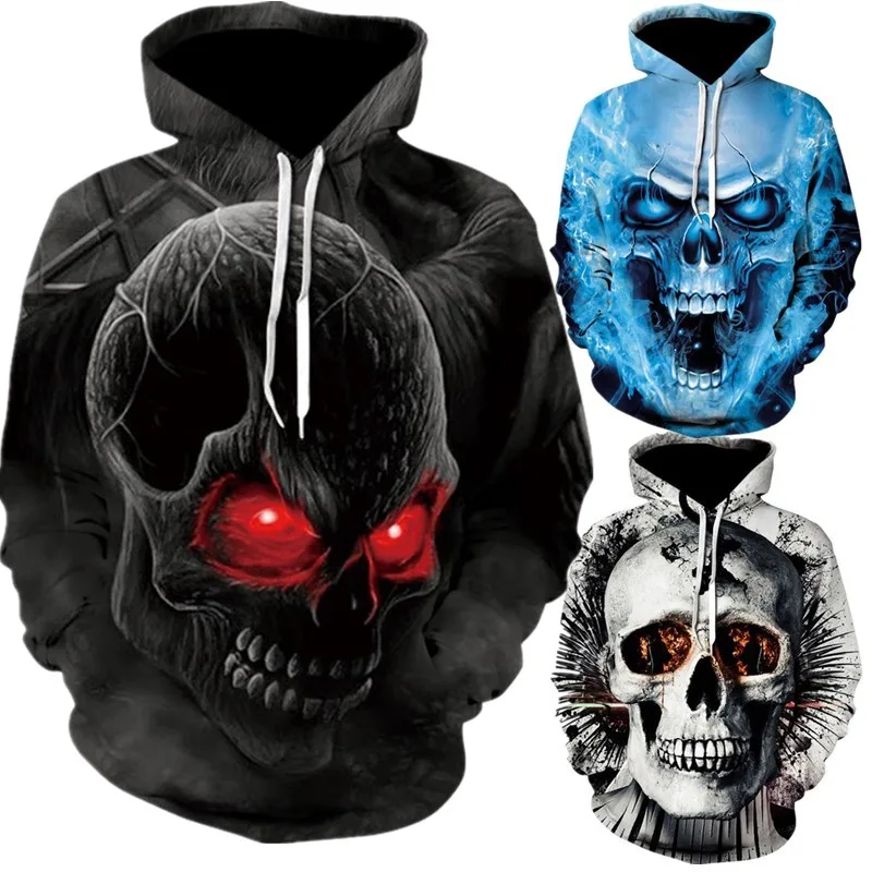 

Autumn 2019 Men 3D Skull Printing Hoodies Long Sleeve Hooded Loose Large Size Tops Sweatshirts Male Vintage Halloween Hoodies