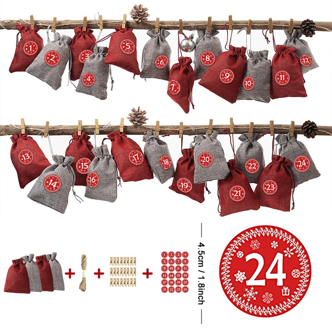 24pcs 10 x 14cm Christmas Tricolor Candy Linen Drawstring Bag Christmas Advent Hanging Bag with 24pcs Red Number Stickers