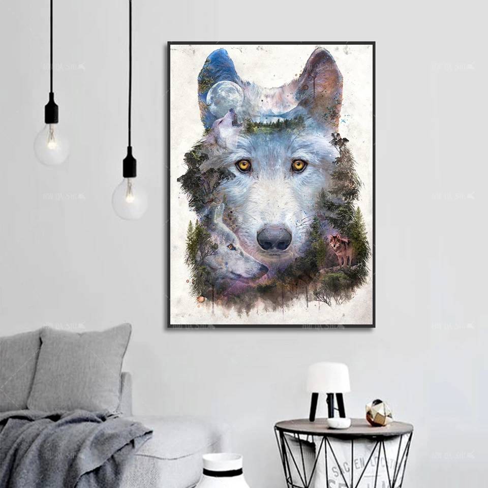 

Nordic Posters Wolf Roar In The Moonlight Art Canvas Animal Plant Nature Wall Painting HD Print Modular Pictures For Living Room