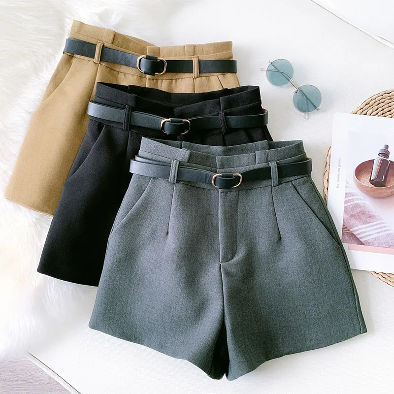 Wasteheart Autumn Black Gray Khaki Shorts Women High Waist Shorts Camel PU Sashes Bottom Zipper Sashes England Style OL Formal
