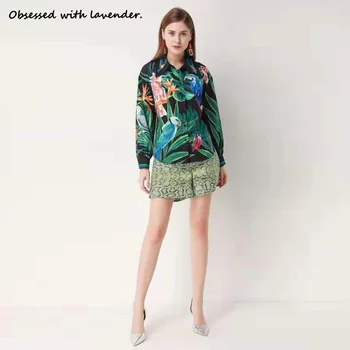 

New printed parrot bird long sleeve beaded shirt+high waist shorts green two-piece spring and autumn, female