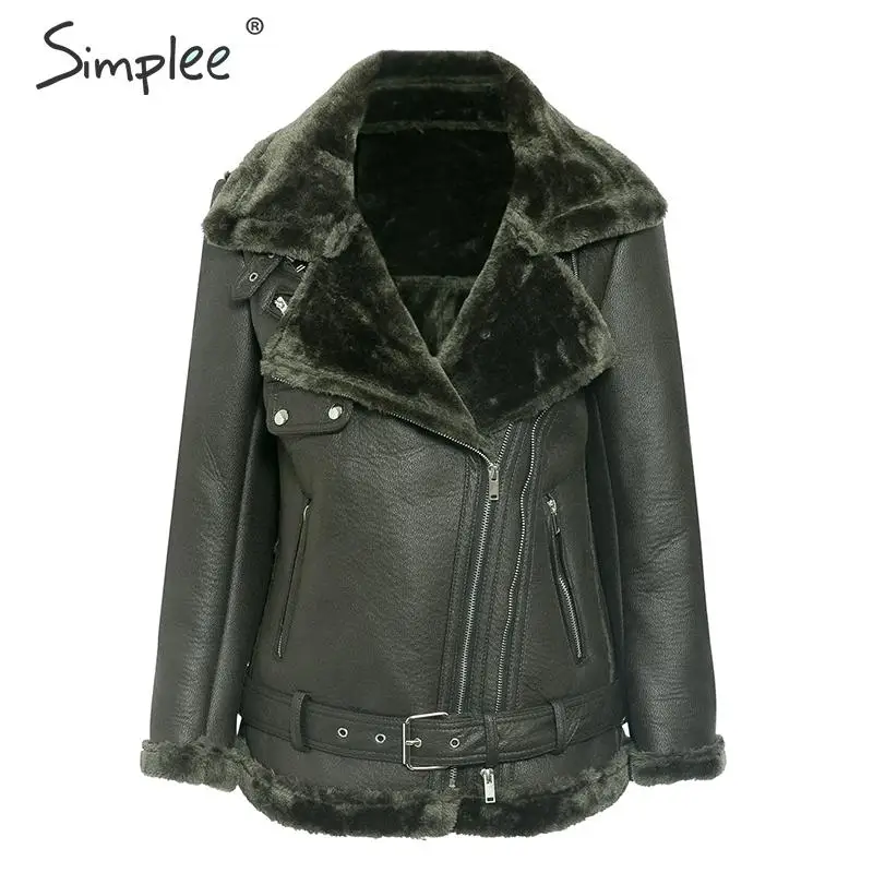 Simplee шуба из искусственной кожи женская куртка с поясом на молнии и карманами