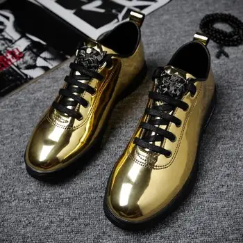 

New Style Man Fashion Outdoor Casual Sneaker Lace Up Vulcanized shoes Gold Color Flat Male Shoes