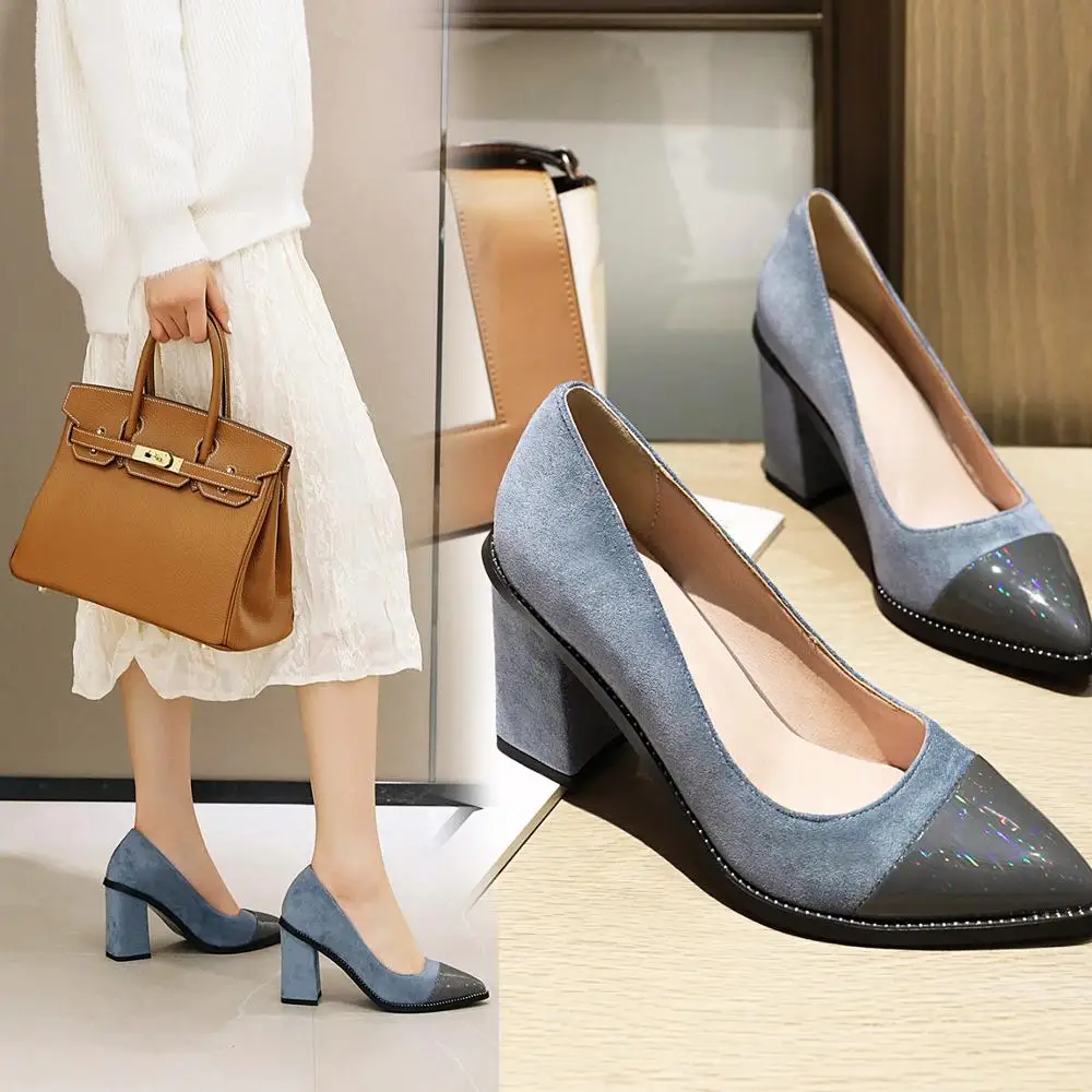 

Zapatos Mujer Women Pumps Mixed colors Thick Heel Women Shoes Dress Work Pumps Comfortable Ladies Shoes Pointed Toe Hight Heels