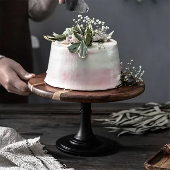 

11.4-Inch Round Wooden Cake and Dessert Pedestal Display Stand with Black Base
