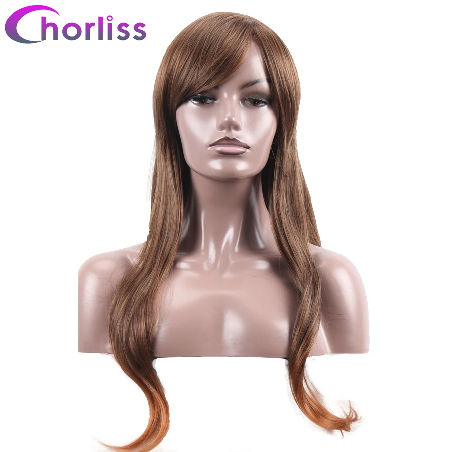 

Synthetic Long Wavy Side Part Wigs With Oblique Fringe Bangs For Women 26'' Chorliss Natural Brown Cosplay Wigs With Full Fringe