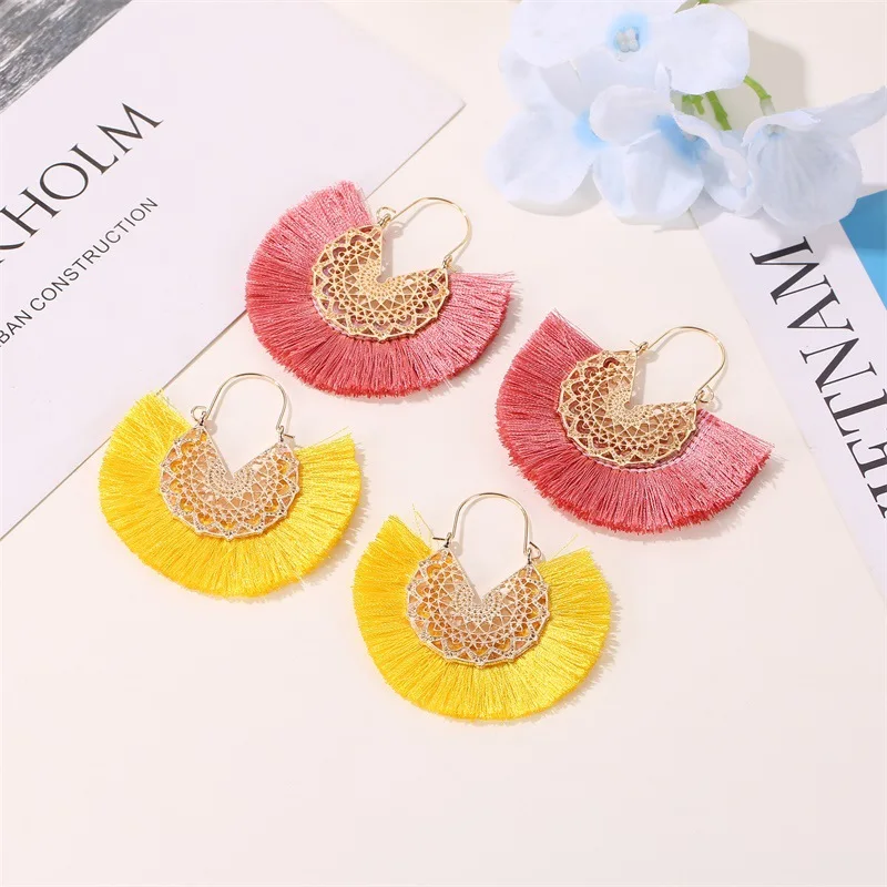 Tassel Lace Fan Retro Pattern Red Alloy Blue Khaki Black Grey White Yellow Dangle Earrings & Drop Earrings for Women 2