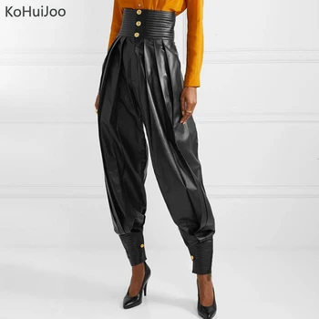 

KoHuiJoo Harem Leather Pant Women Golden Button Casual Loose PU PU Trousers Female High Street Runway Pants Full Length