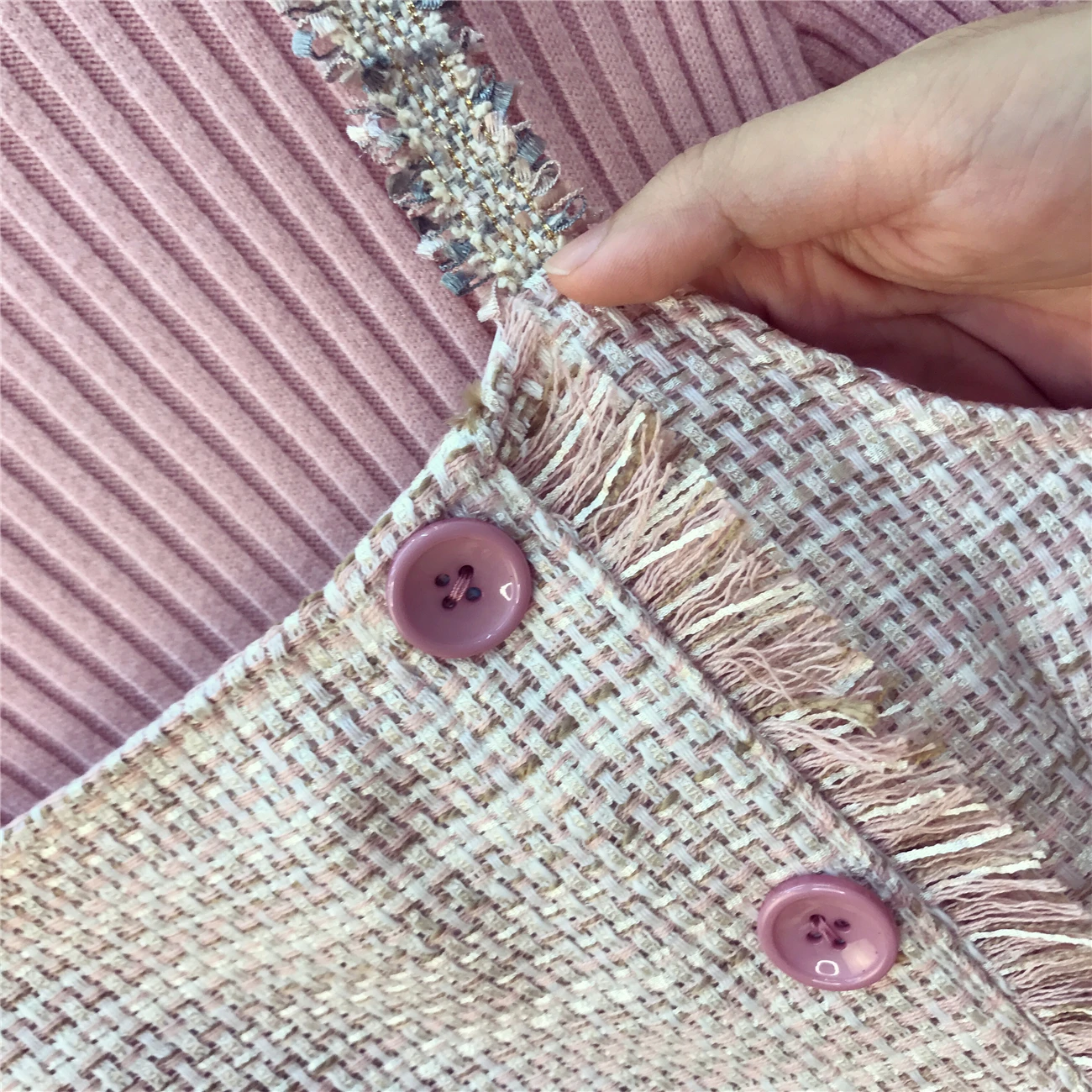 2piece Set Women New Autumn Pink Knitting Shirt+ Woolen Dress Girls Ladies Strap Dress Set Small Fragrance Vestidos Mujer