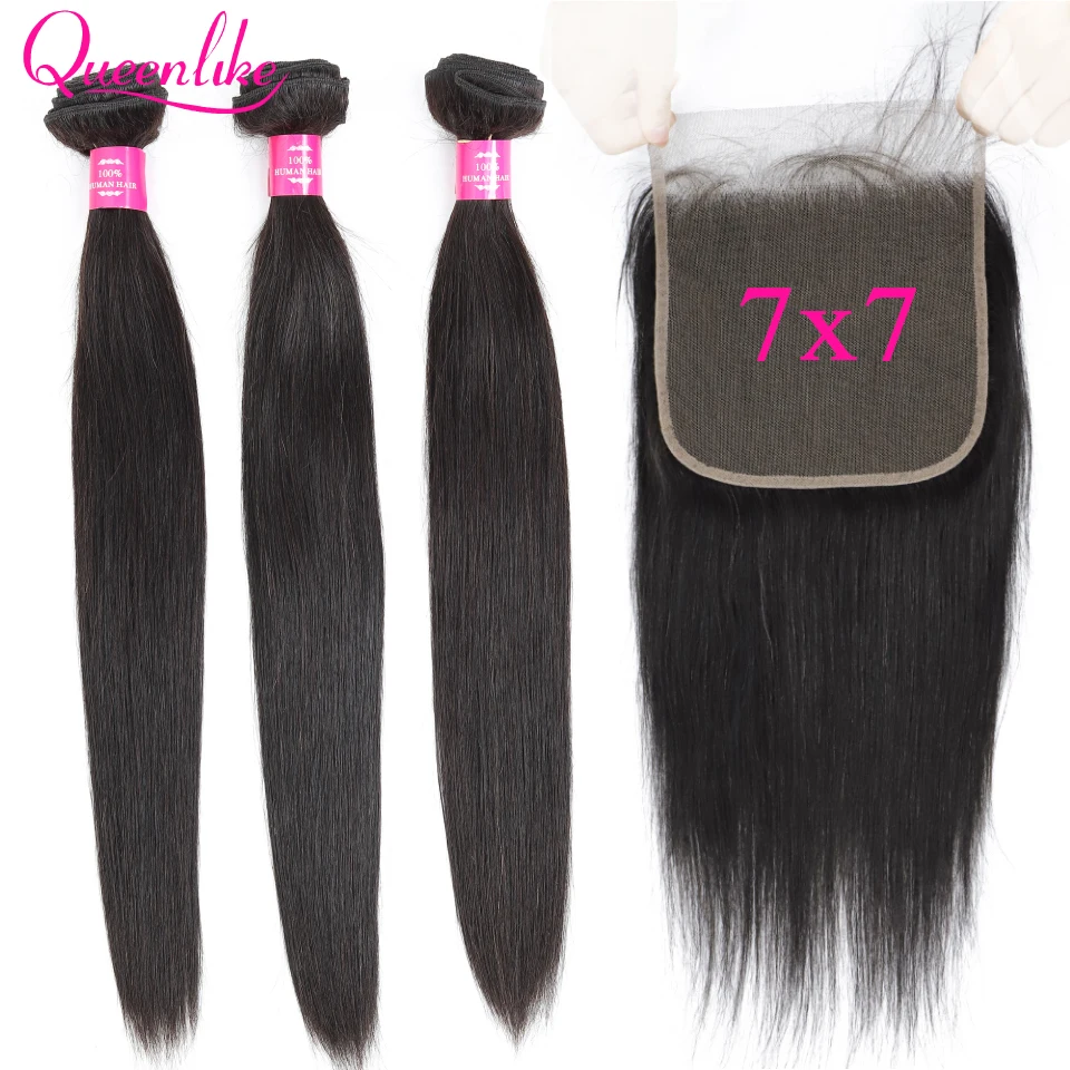 7x7 Lace Closure With Human Hair Bundles Queenlike Non Remy Weaving Big Lace 3 4 Brazilian Straight Hair Bundles With Closure photo