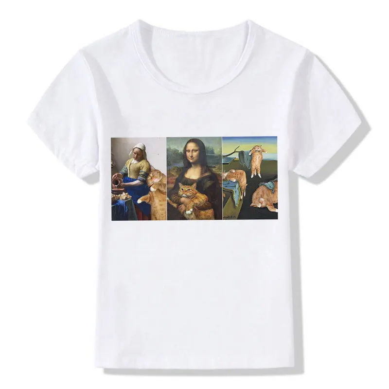 Летняя футболка детские милые Забавные топы с принтом Monla Lisa для девочек, модная футболка для мальчиков повседневная креативная футболка с круглым вырезом Kawaii