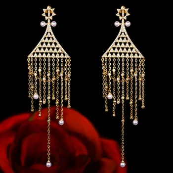 

JANKELLY 80mm Super Long Cross Tassel Drops Geometry Cubic Zirconia American Wedding Party Earring Fashion Jewelry for Women