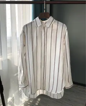 

Women's Linen Stripe Blouse Turn Down Collar Long Sleeve Loose Shirt With Button