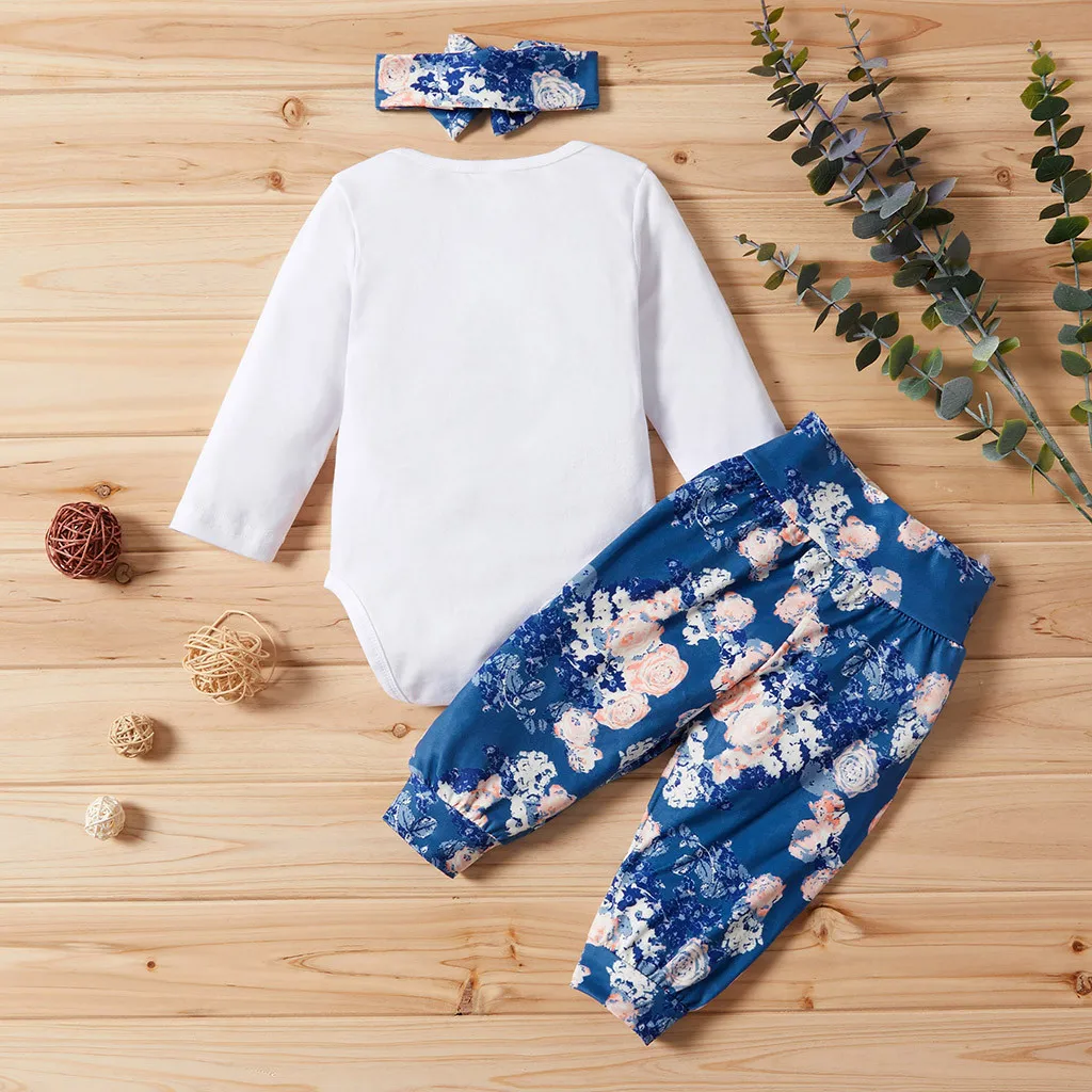 Модная детская одежда с принтом в виде букв для новорожденных девочек, комбинезон, штаны с цветочным принтом, брюки, набор для волос