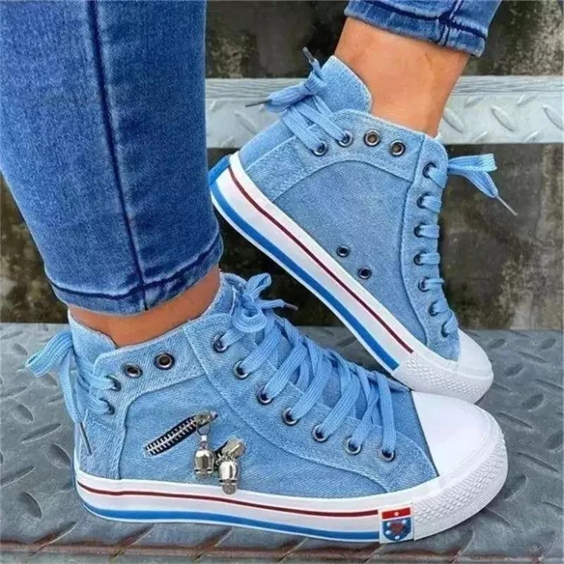 Women New Denim Flat-heel Round Toe Lace-up Skull Metal Decoration High-top Comfortable Fashion Classic Platform Casual Sneakers women shoes,casual sneakers,women sneakers