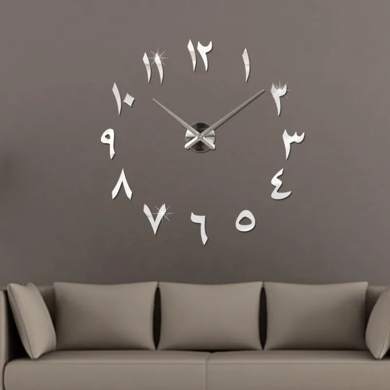 Серебристый Eastern Arabic Unique Decorative Wall Clock DIY Mirror Surface Wall Sticker Home Decorations - Цвет: Серебристый