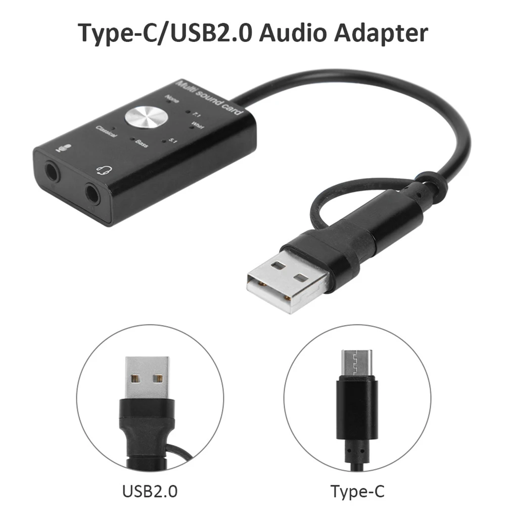 Computer Portabe Headphone 3D Sound Card Antimagnetic USB2 0 Type C External Audio Adapter For Laptop PC Virtual 7 1 Stereo