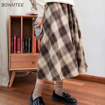 

Skirts Women Woolen Plaid Elastic High Waist Retro Japanese Autumn Winter Loose Slim Comfortable Kawaii Ulzzang Elegant Female