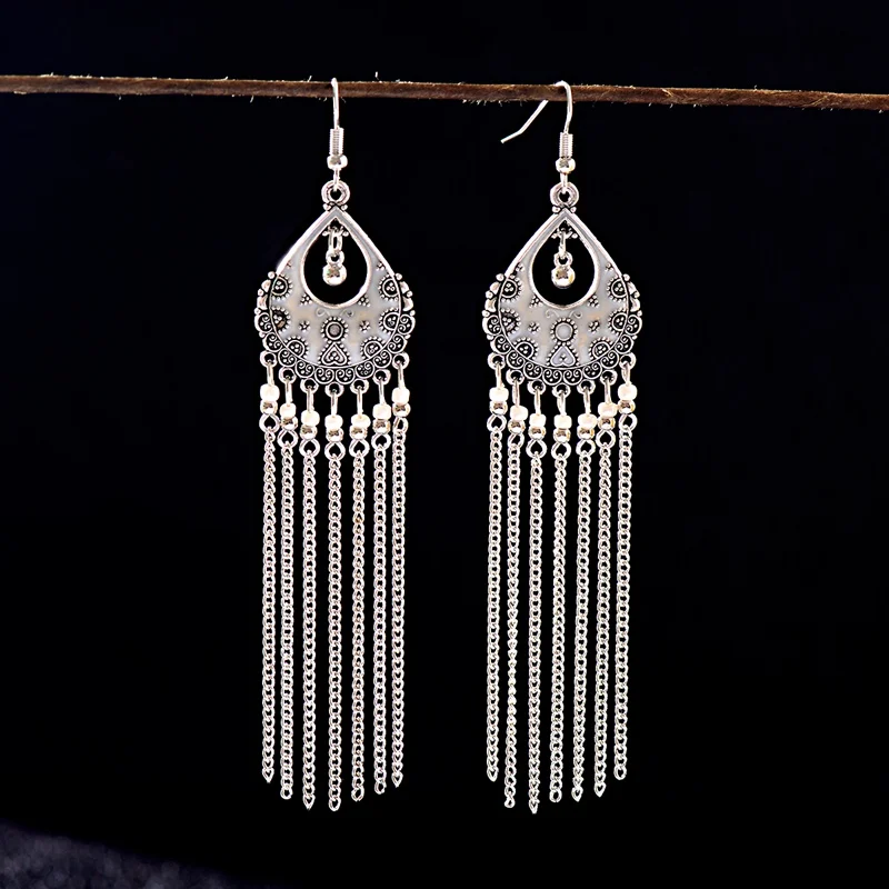 

Vintage Ethnic Women's Chain Tassel Hanging Dangle Drop Earrings Female Anniversary Party Long Wedding Jewelry Accessories