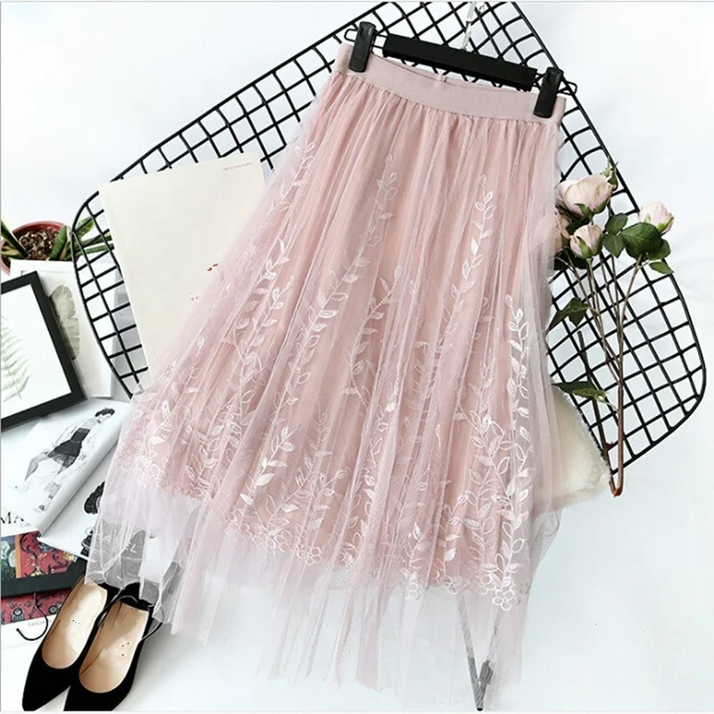 Floral Embroidery Lace Mesh Skirt Women Elegant Tulle Long Pleated skirt Women Midi Skirt Hot Sale winer spring autunm skirt