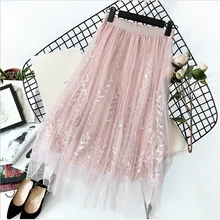 Floral Embroidery Lace Mesh Skirt Women Elegant Tulle Long Pleated skirt Women Midi Skirt Hot Sale winer spring autunm skirt