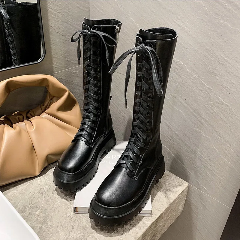 

Chunky Platform Pu Leather Knee High Boots Women Martin boots Punk Height Increasing long boots Woman Lace Up Booties Mujer 2020