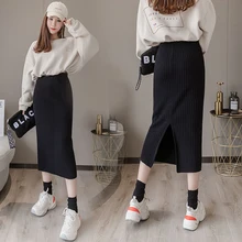 Женская трикотажная облегающая осенне-зимняя длинная юбка с разрезом карандаш с высокой талией эластичная текстурированная юбка женская юбка для выпускного вечера