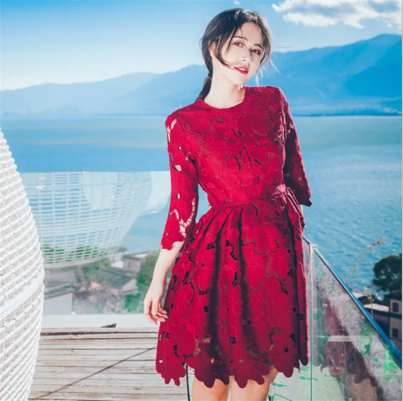 

High Quality Vintage Pleated Print Lace Dresses Women O-Neck high waist Elegant Party Dresses Women summer Casual Dress